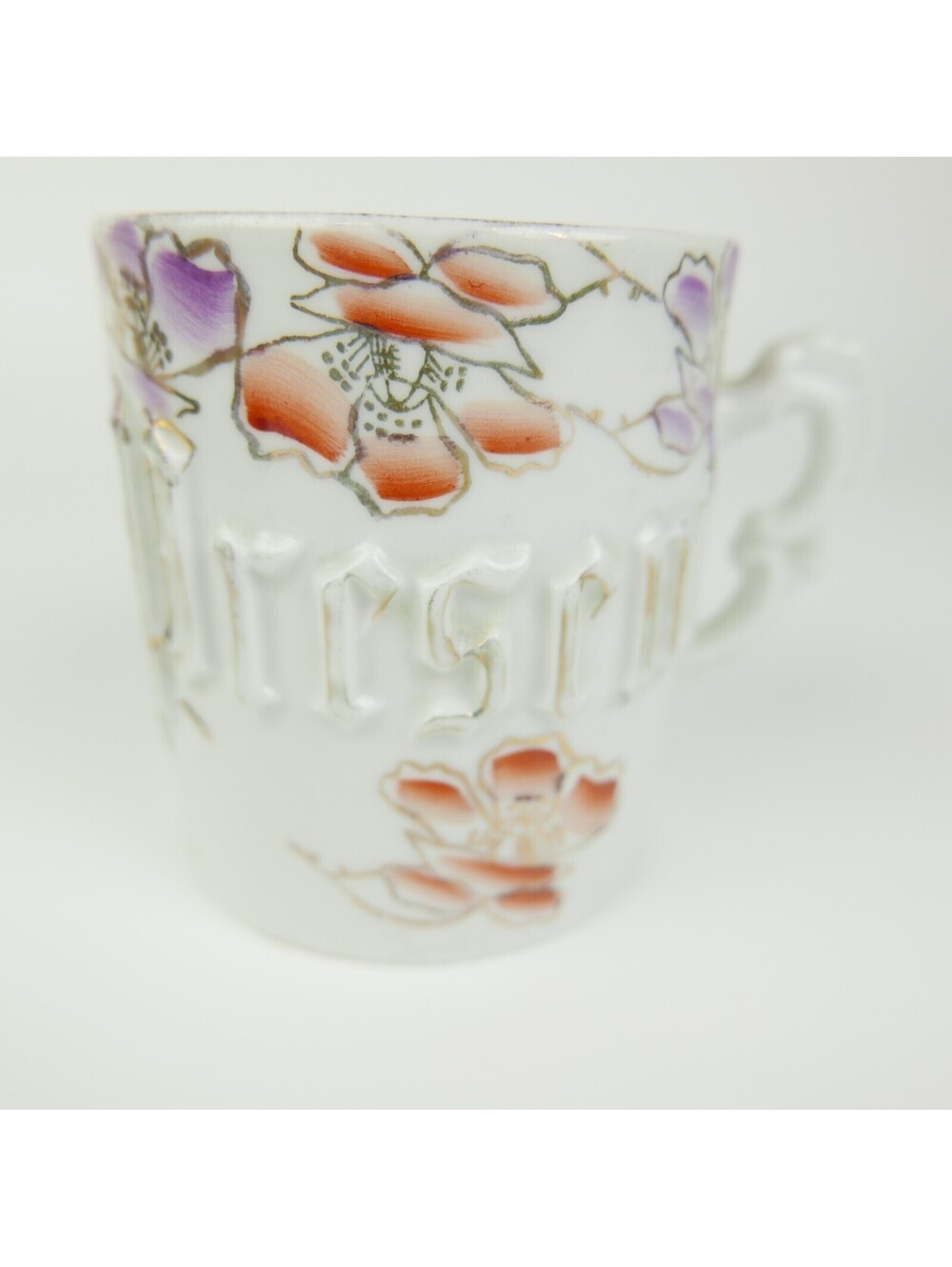 Antique German Porcelain Present Gift Mug Victorian Floral Gold Embossed Cup